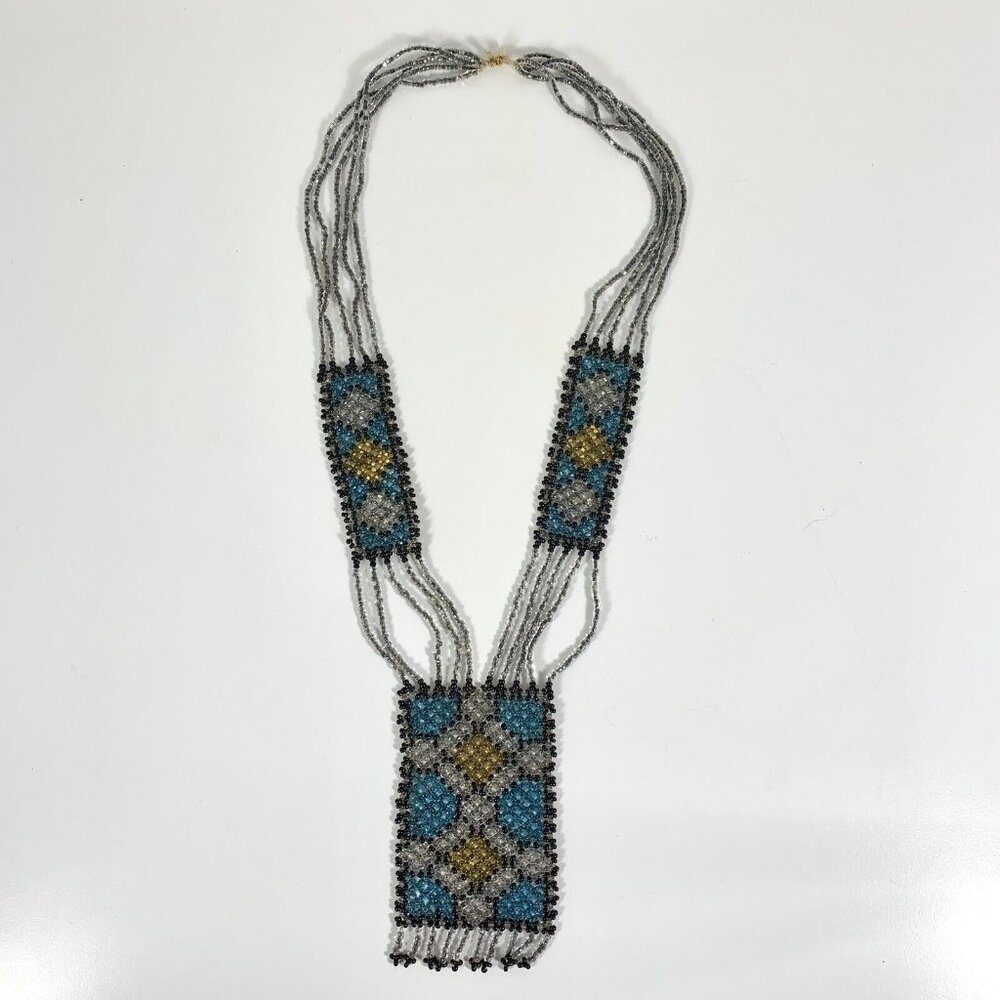 Native American Blue Silver Gold Hand Beaded Necklace Argyle Diamond Pattern